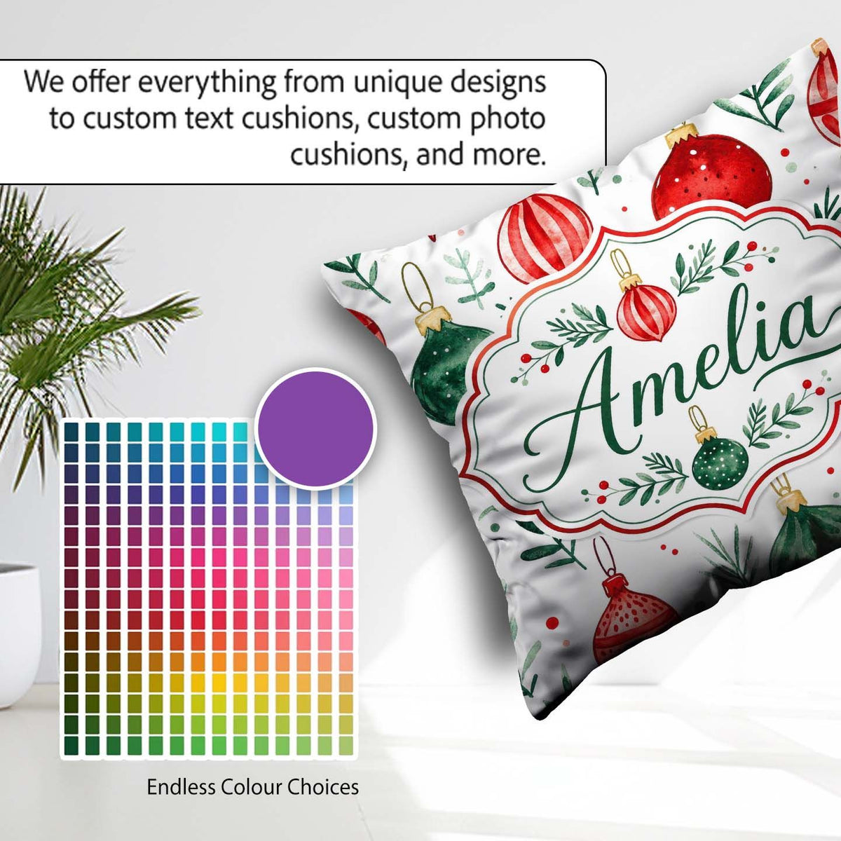 Custom Name Christmas Baubles Ornaments Festive Seamless Pattern Square Filled Cushion Throw Pillow Sofa Bed Home Decor Zip Washable UK Made