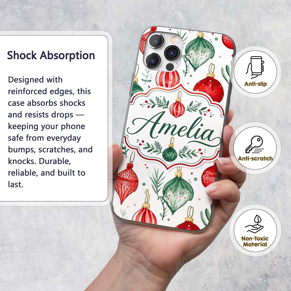 Watercolor Christmas Baubles Ornaments Festive Custom Name Protective Phone Case Mobile Cover Durable Everyday Smartphone Shock Resistant