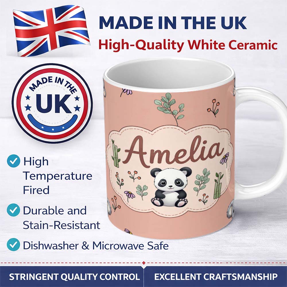 Personalized Custom Name Cute Panda Bear with Bamboo Leaves Floral Seamless Pattern Peach 11oz Ceramic Coffee Tea Mug White Large Handle