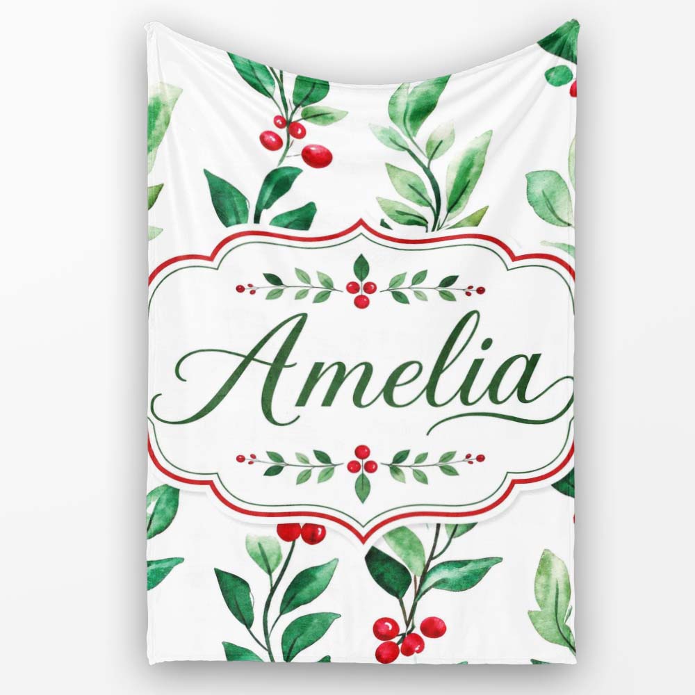 Watercolor Winter Berry Branches Red Green Seamless Pattern Lovely Personalised Custom Name Super Soft Fleece Blanket Bed Sofa Throw