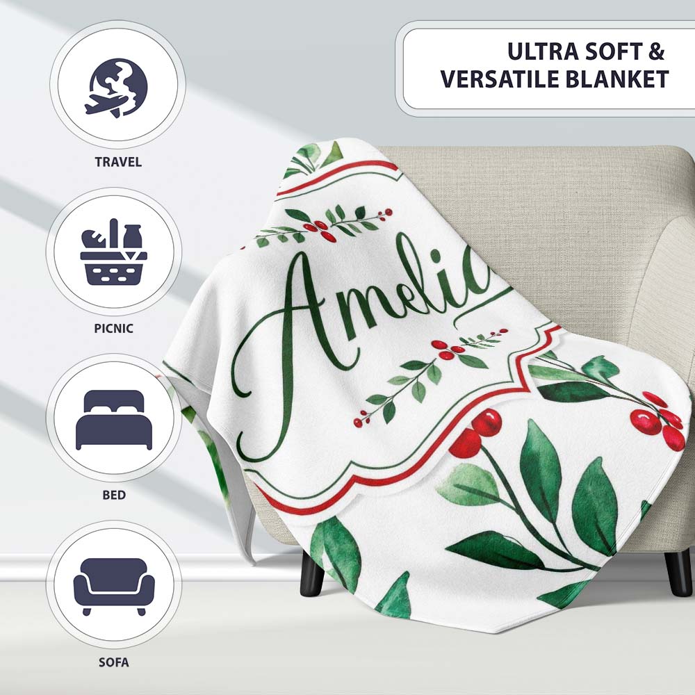 Watercolor Winter Berry Branches Red Green Seamless Pattern Lovely Personalised Custom Name Super Soft Fleece Blanket Bed Sofa Throw