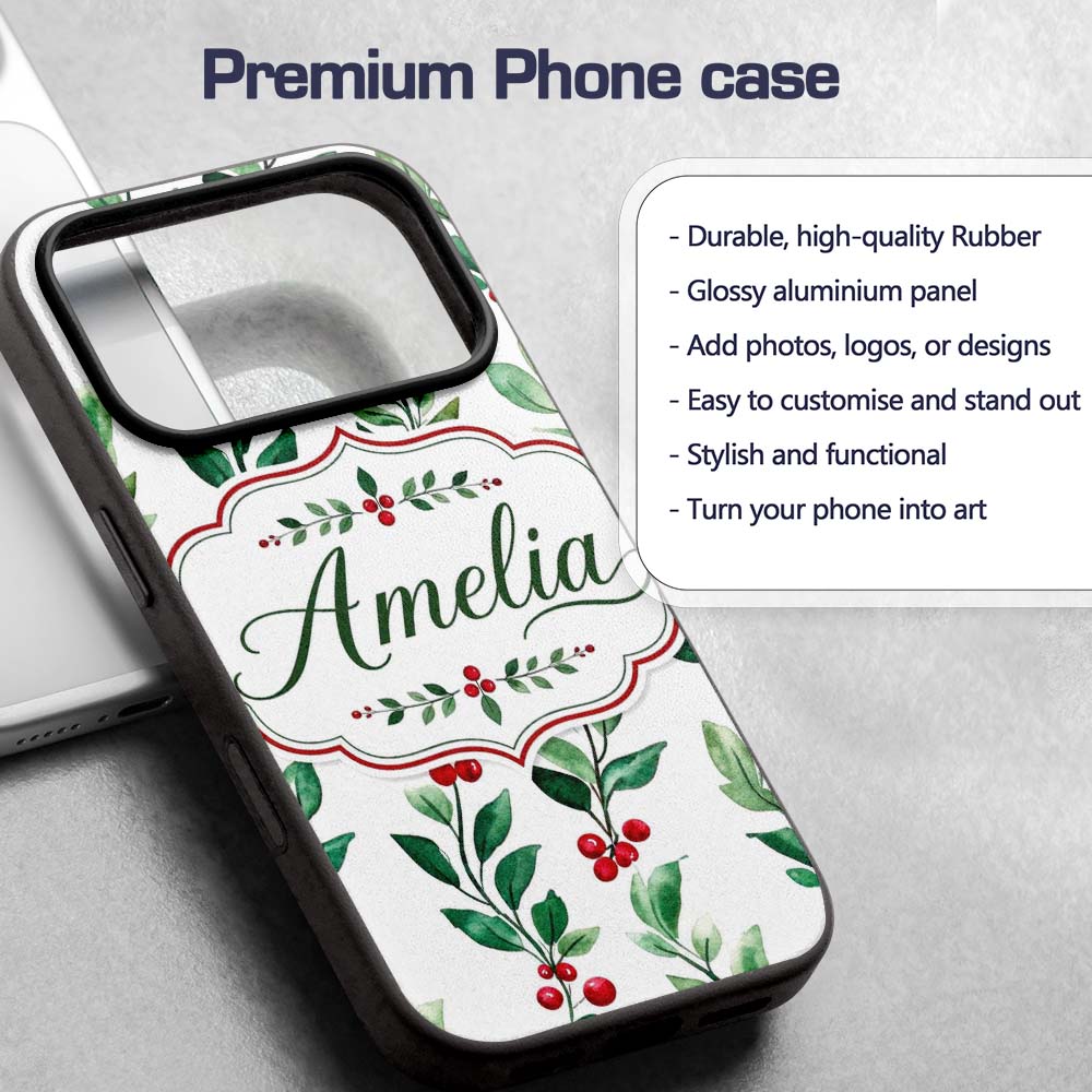 Watercolor Winter Berry Branches Printed Design Custom Name Protective Phone Case Mobile Cover Durable Everyday Smartphone Shock Resistant