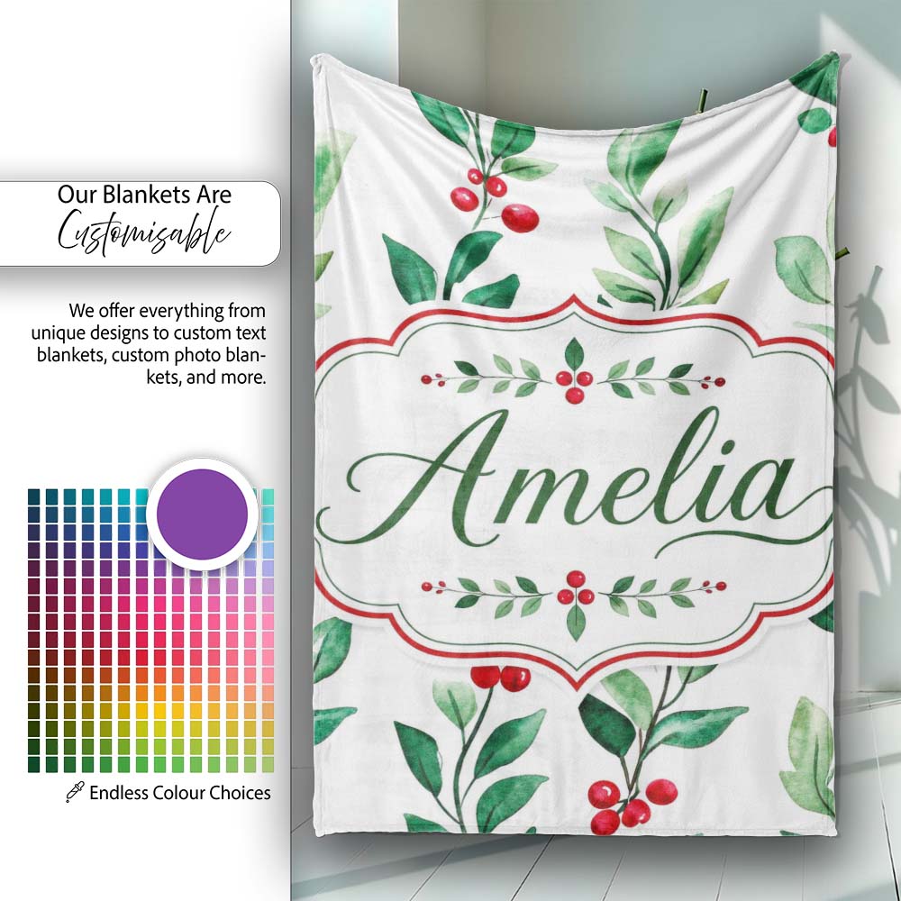 Watercolor Winter Berry Branches Red Green Seamless Pattern Lovely Personalised Custom Name Super Soft Fleece Blanket Bed Sofa Throw