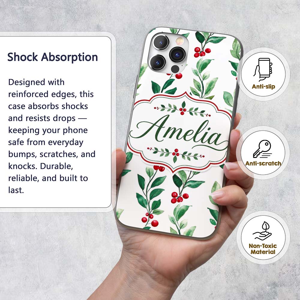 Watercolor Winter Berry Branches Printed Design Custom Name Protective Phone Case Mobile Cover Durable Everyday Smartphone Shock Resistant