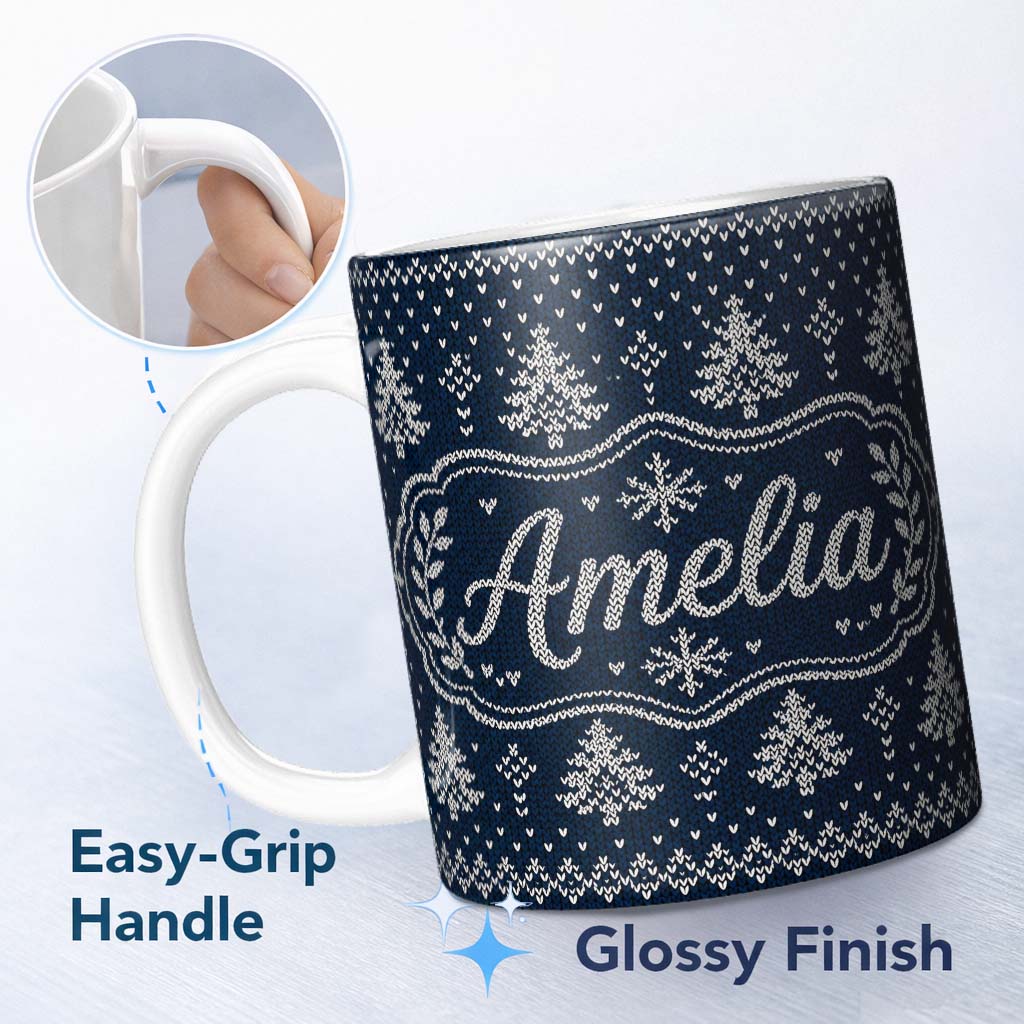 Personalized Custom Name Blue White Christmas Tree Snowflake Knit Pattern Nordic Winter 11oz Ceramic Coffee Tea Mug White Large Handle