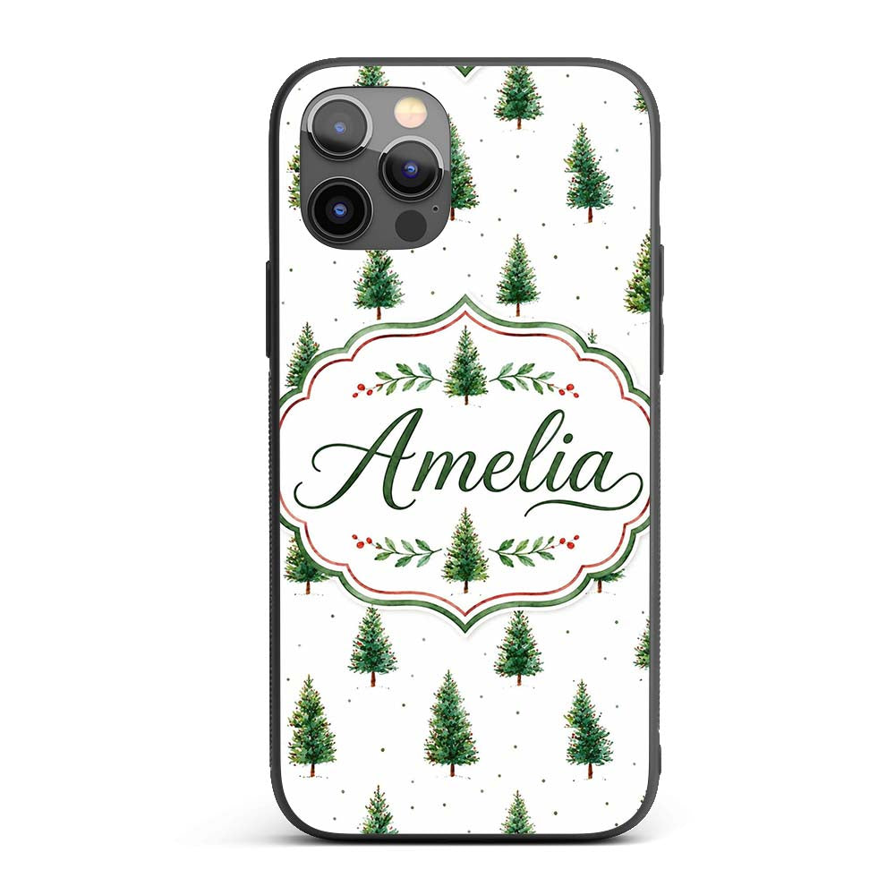 Mini Christmas Tree Winter Holiday Snowy Seamless Custom Name Protective Phone Case Mobile Cover Durable Everyday Smartphone Shock Resistant