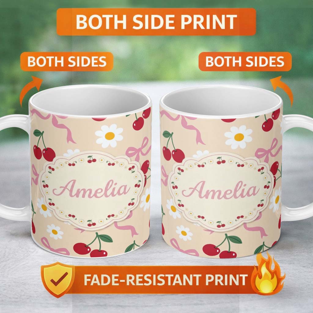 Personalized Custom Name Cute Cherry Bow and Daisy Seamless Pattern on Beige Cute Unique Gift 11oz Ceramic Coffee Tea Mug White Large Handle