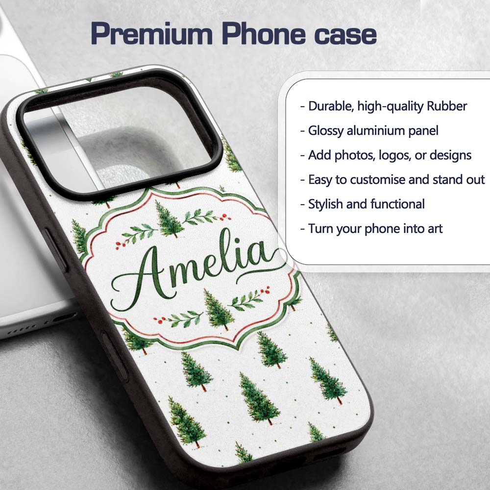 Mini Christmas Tree Winter Holiday Snowy Seamless Custom Name Protective Phone Case Mobile Cover Durable Everyday Smartphone Shock Resistant