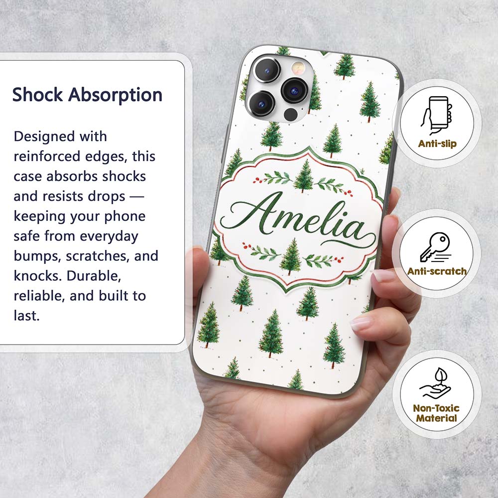 Mini Christmas Tree Winter Holiday Snowy Seamless Custom Name Protective Phone Case Mobile Cover Durable Everyday Smartphone Shock Resistant