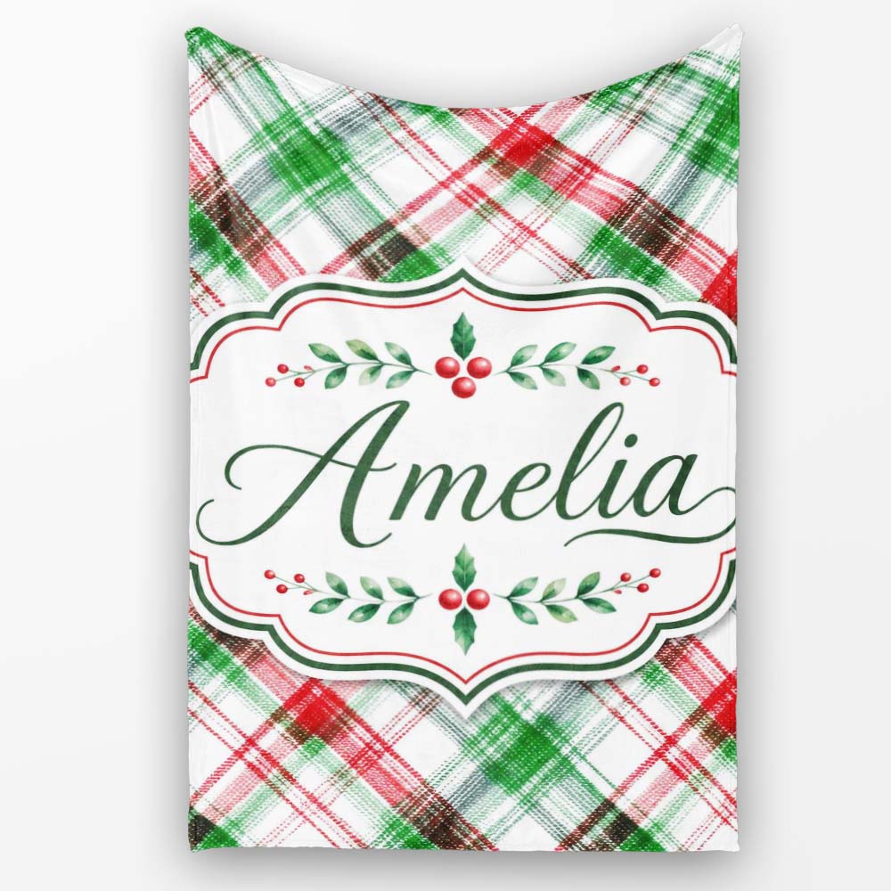 Watercolor Red Green Christmas Tartan Plaid Festive Seamless Pattern Personalised Custom Name Super Soft Fleece Blanket Bed Sofa Throw