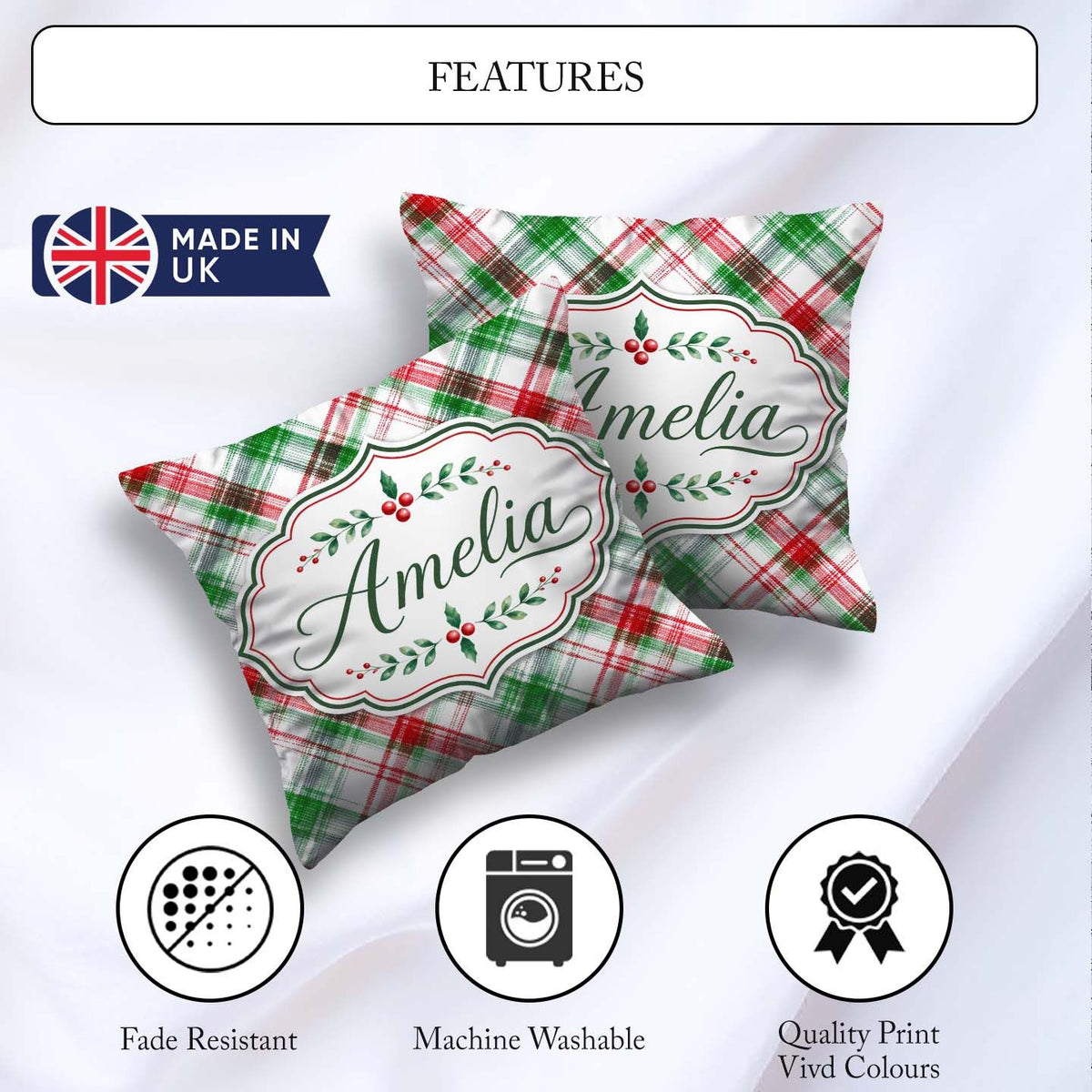 Custom Name Watercolor Red Green Christmas Tartan Plaid Seamless Square Filled Cushion Throw Pillow Sofa Bed Home Decor Zip Washable UK Made