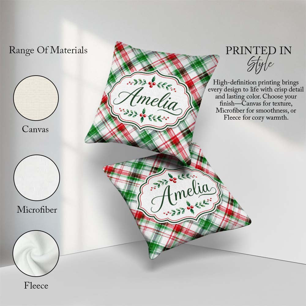 Custom Name Watercolor Red Green Christmas Tartan Plaid Seamless Square Filled Cushion Throw Pillow Sofa Bed Home Decor Zip Washable UK Made