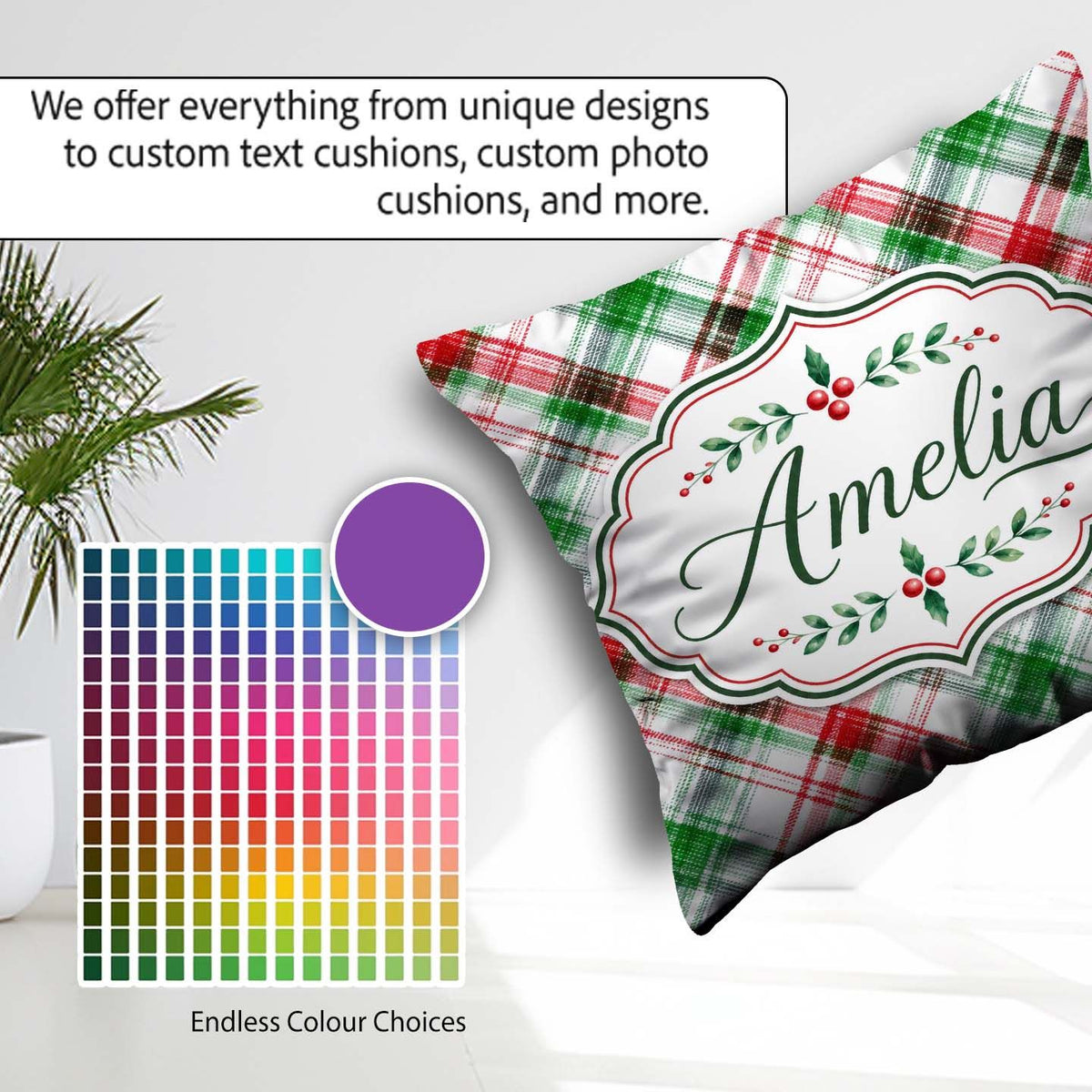 Custom Name Watercolor Red Green Christmas Tartan Plaid Seamless Square Filled Cushion Throw Pillow Sofa Bed Home Decor Zip Washable UK Made