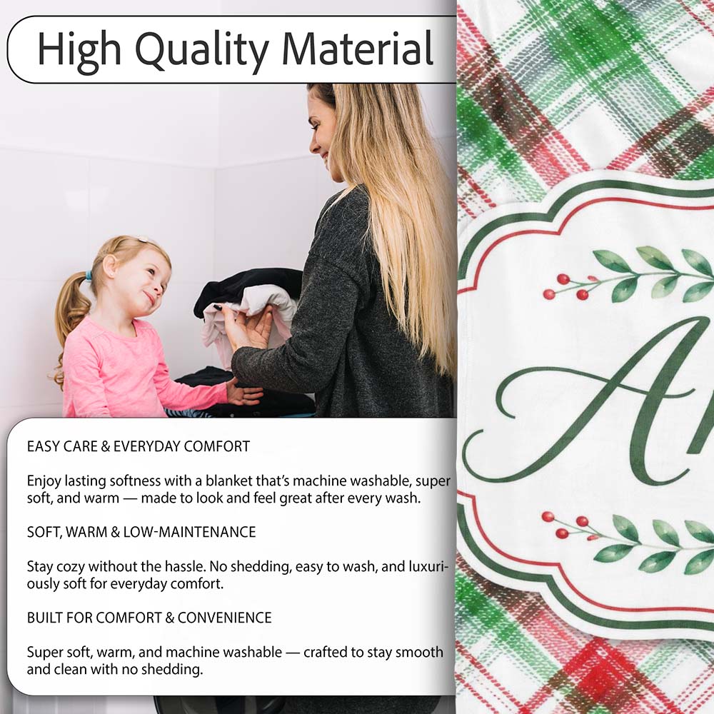 Watercolor Red Green Christmas Tartan Plaid Festive Seamless Pattern Personalised Custom Name Super Soft Fleece Blanket Bed Sofa Throw