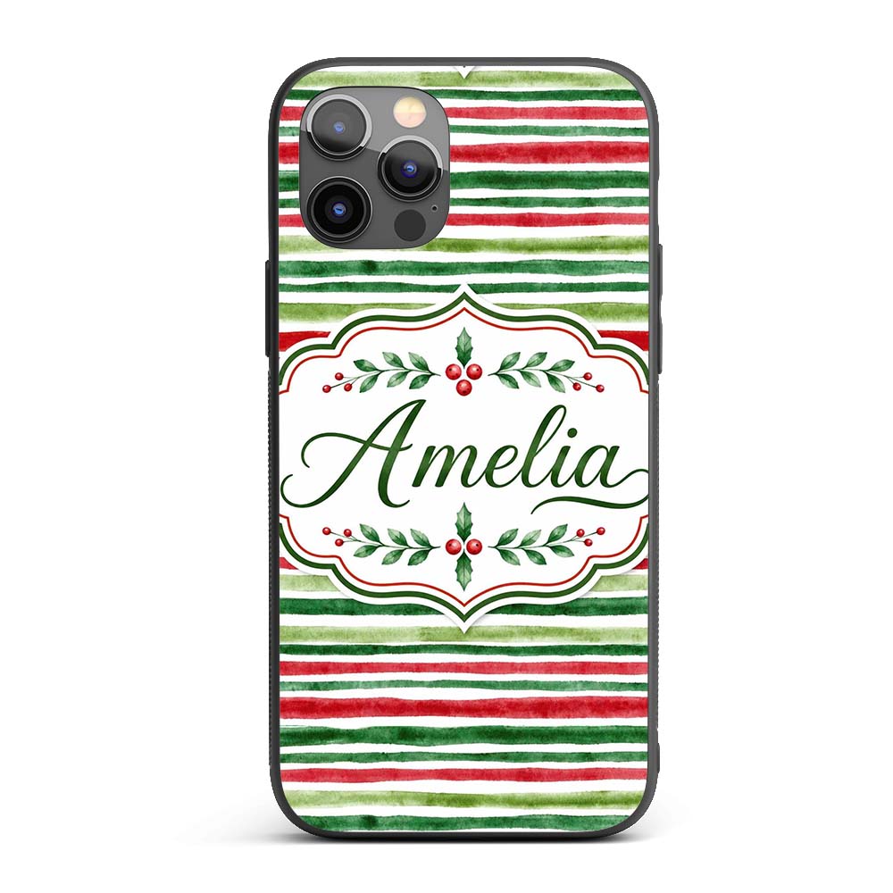 Watercolor Red Green Horizontal Stripe Christmas Custom Name Protective Phone Case Mobile Cover Durable Everyday Smartphone Shock Resistant