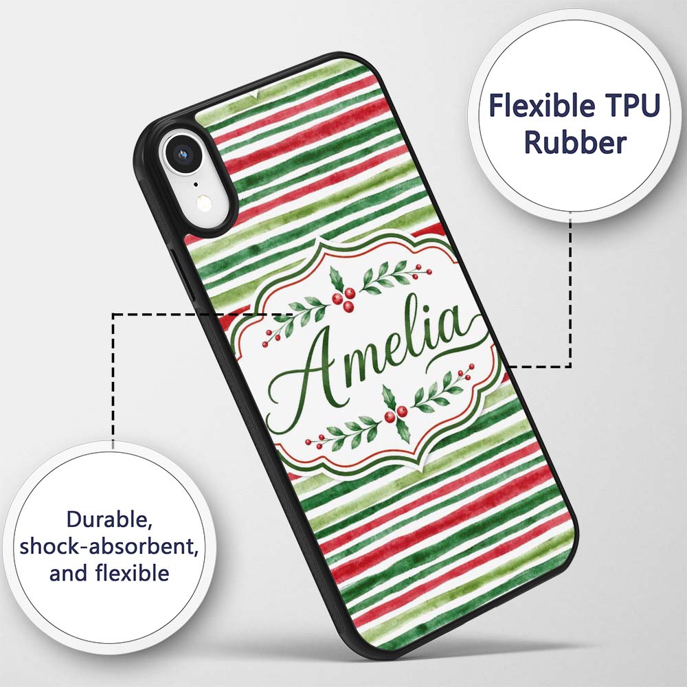 Watercolor Red Green Horizontal Stripe Christmas Custom Name Protective Phone Case Mobile Cover Durable Everyday Smartphone Shock Resistant