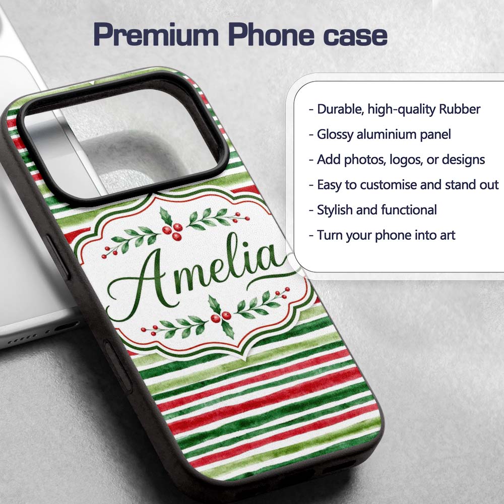 Watercolor Red Green Horizontal Stripe Christmas Custom Name Protective Phone Case Mobile Cover Durable Everyday Smartphone Shock Resistant