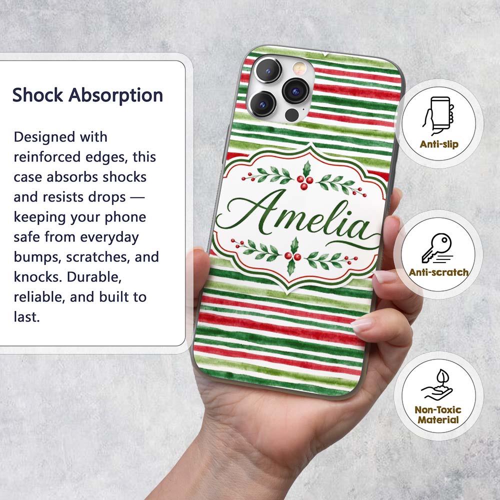 Watercolor Red Green Horizontal Stripe Christmas Custom Name Protective Phone Case Mobile Cover Durable Everyday Smartphone Shock Resistant
