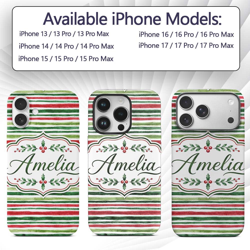 Watercolor Red Green Horizontal Stripe Christmas Custom Name Protective Phone Case Mobile Cover Durable Everyday Smartphone Shock Resistant