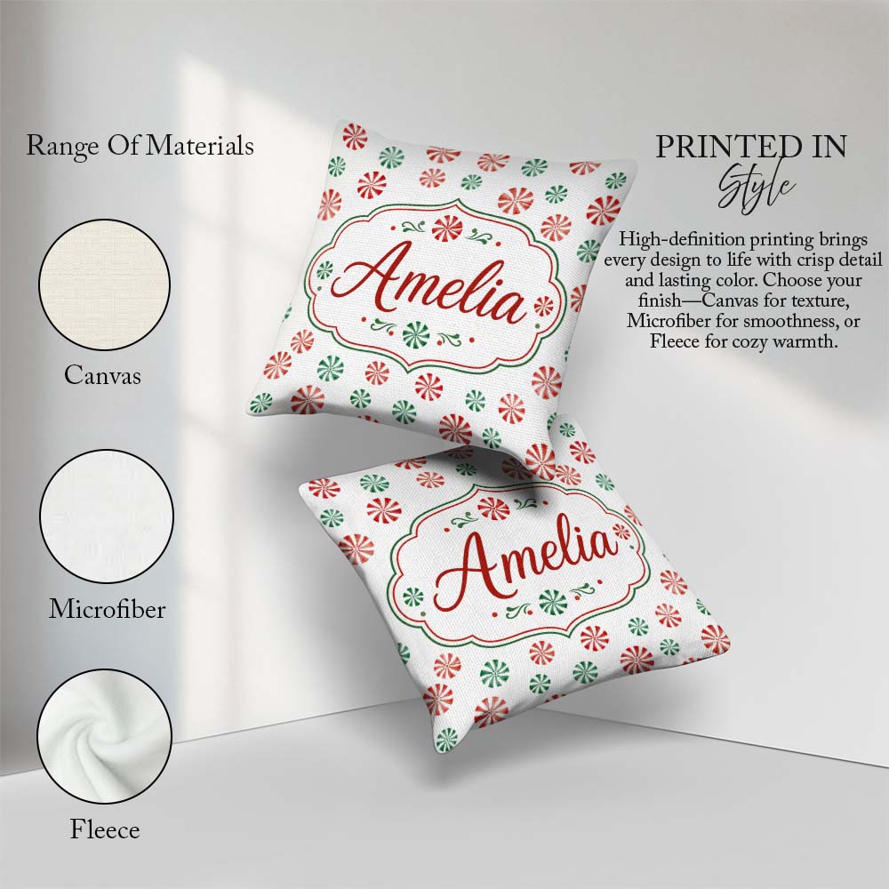 Custom Name Watercolor Candy Red Green Holiday Seamless Pattern Square Filled Cushion Throw Pillow Sofa Bed Home Decor Zip Washable UK Made