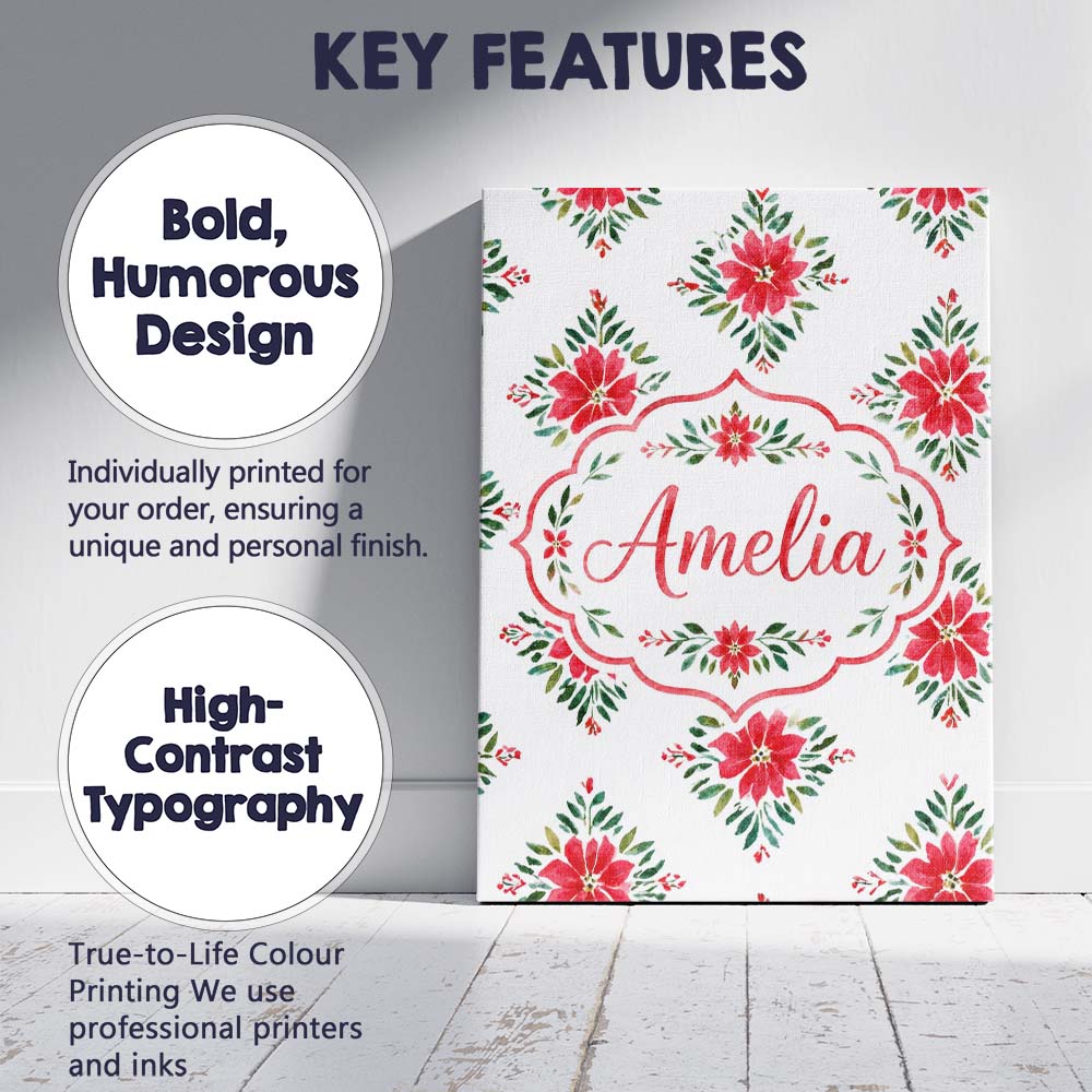 Personalised Name Watercolor Poinsettia Custom Modern Room Accent Elegant Feature Canvas Wall Art Print Decor Picture Ready to Hang