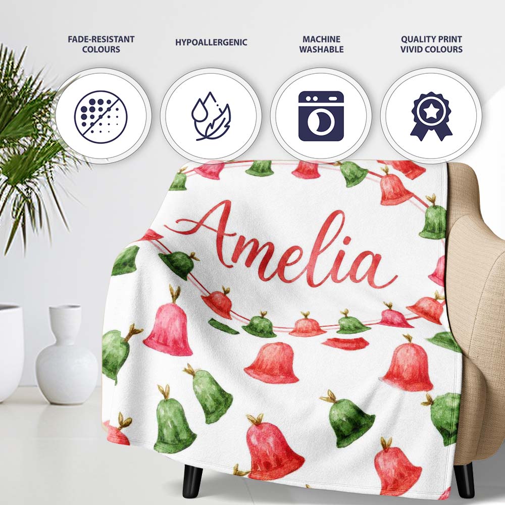 Watercolor Christmas Bells Red Green Festive Seamless Pattern Lovely Personalised Custom Name Super Soft Fleece Blanket Bed Sofa Throw