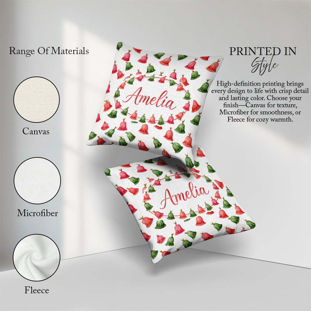 Custom Name Watercolor Christmas Bells Red Green Festive Pattern Square Filled Cushion Throw Pillow Sofa Bed Home Decor Zip Washable UK Made