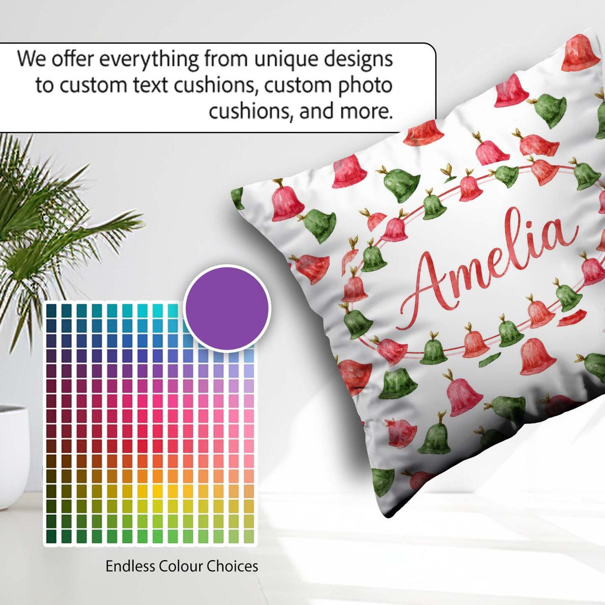 Custom Name Watercolor Christmas Bells Red Green Festive Pattern Square Filled Cushion Throw Pillow Sofa Bed Home Decor Zip Washable UK Made