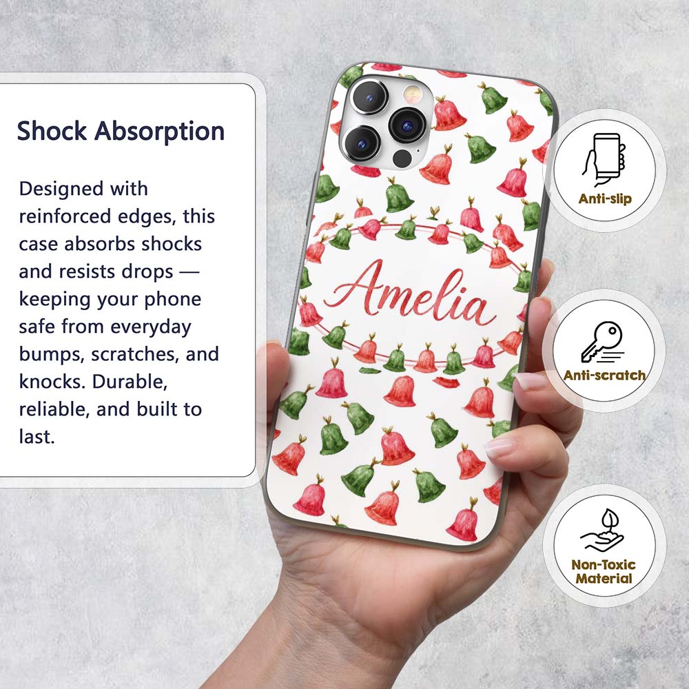 Watercolor Christmas Bells Red Green Festive Custom Name Protective Phone Case Mobile Cover Durable Everyday Smartphone Shock Resistant