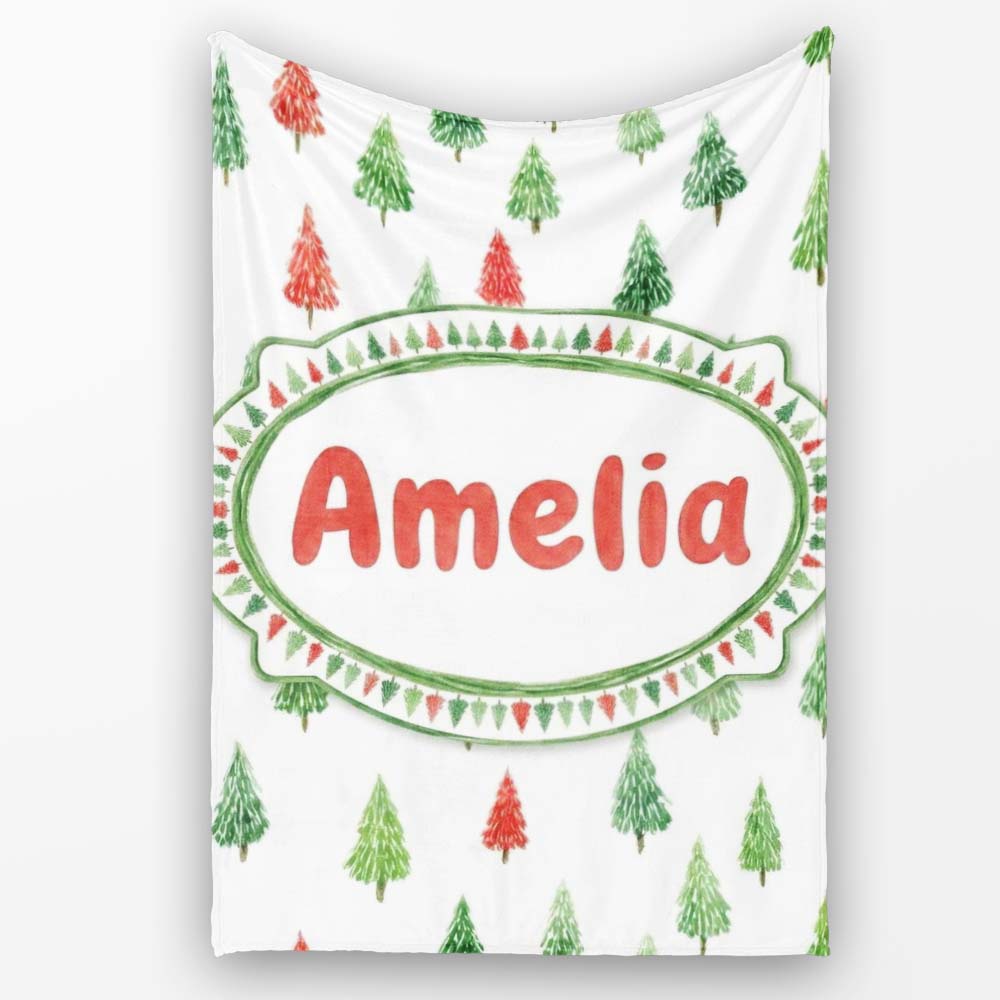 Watercolor Mini Christmas Trees Red Green Holiday Seamless Pattern Personalised Custom Name Super Soft Fleece Blanket Bed Sofa Throw