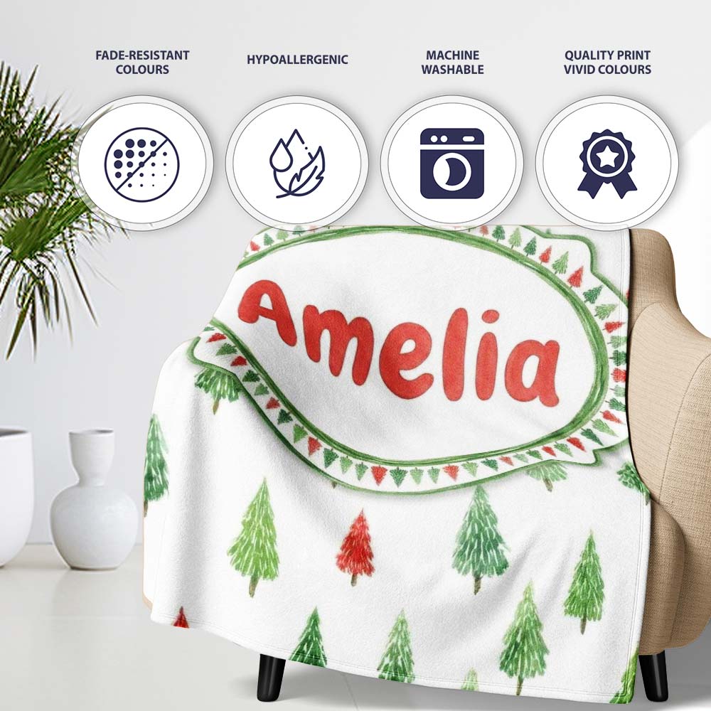 Watercolor Mini Christmas Trees Red Green Holiday Seamless Pattern Personalised Custom Name Super Soft Fleece Blanket Bed Sofa Throw