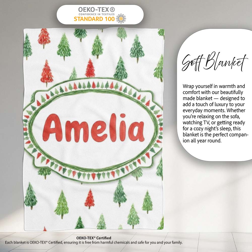 Watercolor Mini Christmas Trees Red Green Holiday Seamless Pattern Personalised Custom Name Super Soft Fleece Blanket Bed Sofa Throw