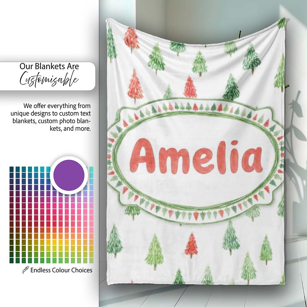 Watercolor Mini Christmas Trees Red Green Holiday Seamless Pattern Personalised Custom Name Super Soft Fleece Blanket Bed Sofa Throw