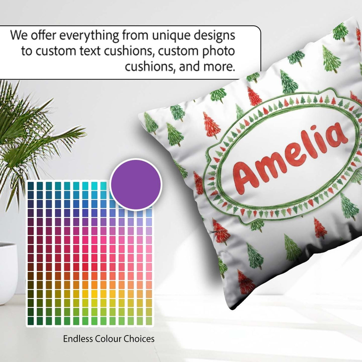 Custom Name Watercolor Mini Christmas Trees Red Holiday Seamless Square Filled Cushion Throw Pillow Sofa Bed Home Decor Zip Washable UK Made