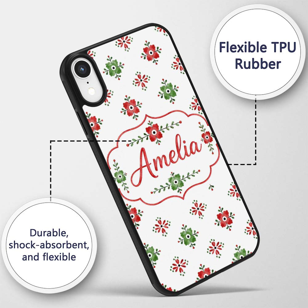 Watercolor Scandinavian Folk Floral Red Green Custom Name Protective Phone Case Mobile Cover Durable Everyday Smartphone Shock Resistant