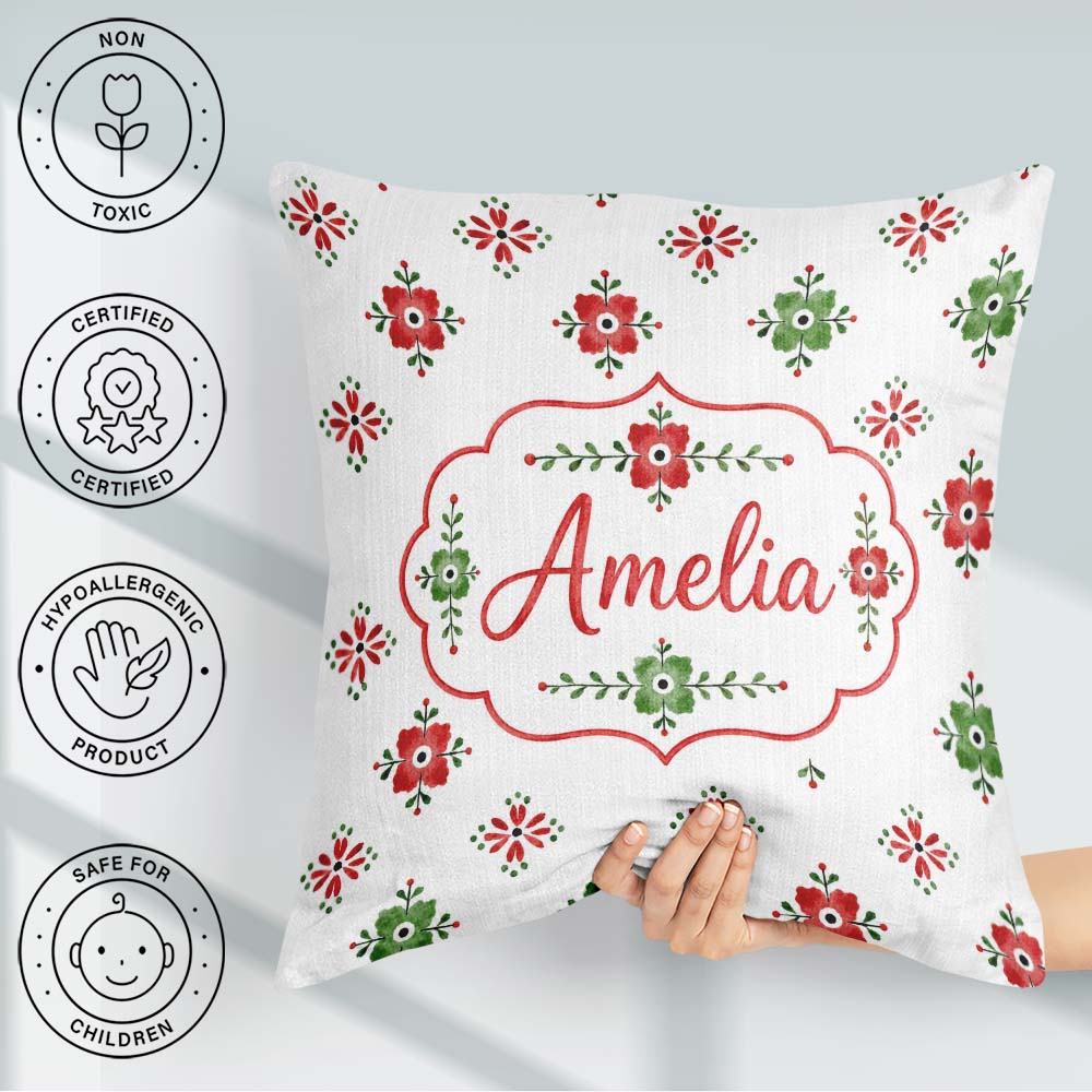 Custom Name Scandinavian Folk Floral Red Green Seamless Pattern Square Filled Cushion Throw Pillow Sofa Bed Home Decor Zip Washable UK Made