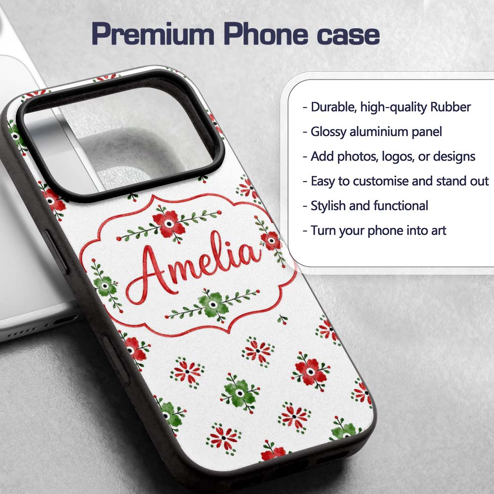 Watercolor Scandinavian Folk Floral Red Green Custom Name Protective Phone Case Mobile Cover Durable Everyday Smartphone Shock Resistant