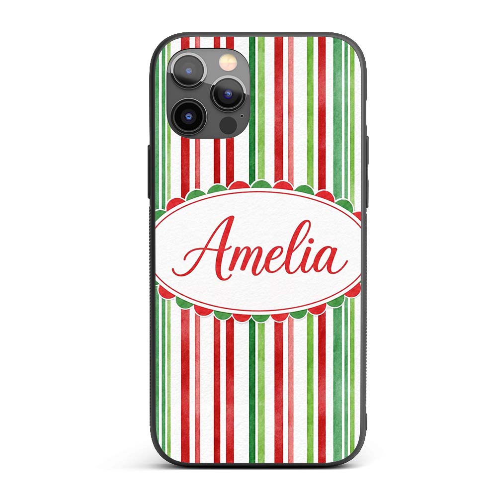 Watercolor Vertical Red Green Stripe Christmas Custom Name Protective Phone Case Mobile Cover Durable Everyday Smartphone Shock Resistant