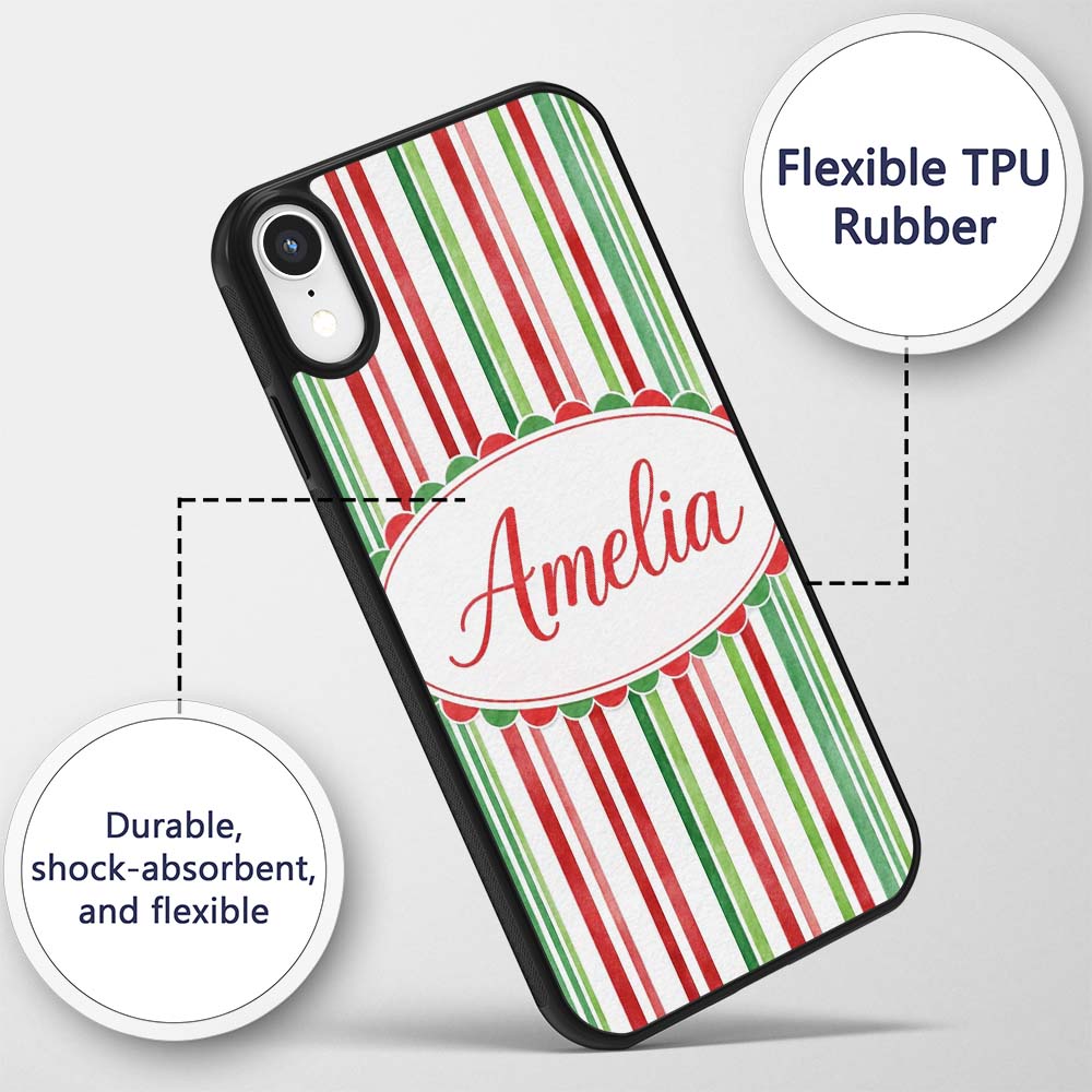 Watercolor Vertical Red Green Stripe Christmas Custom Name Protective Phone Case Mobile Cover Durable Everyday Smartphone Shock Resistant