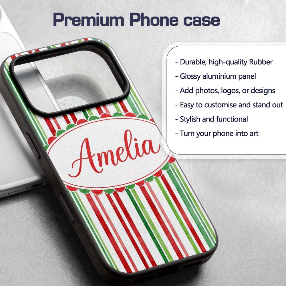 Watercolor Vertical Red Green Stripe Christmas Custom Name Protective Phone Case Mobile Cover Durable Everyday Smartphone Shock Resistant