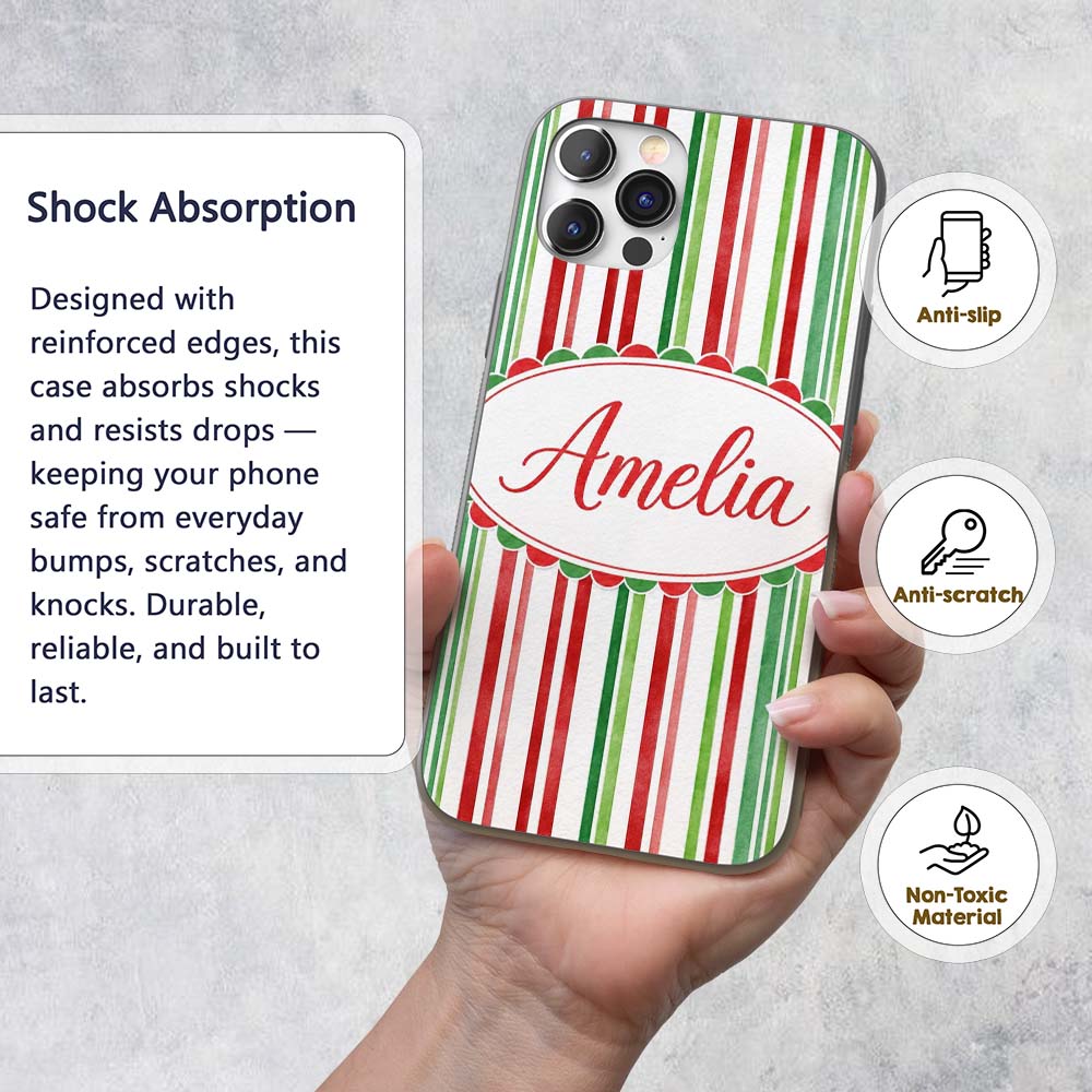 Watercolor Vertical Red Green Stripe Christmas Custom Name Protective Phone Case Mobile Cover Durable Everyday Smartphone Shock Resistant