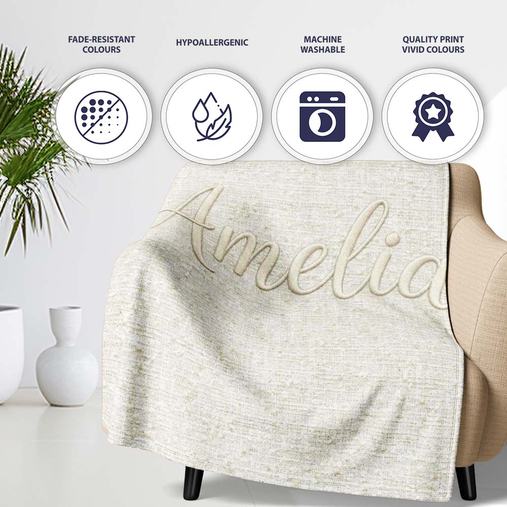 Neutral Linen Texture Subtle Effect Seamless Pattern Lovely Personalised Custom Name Super Soft Fleece Blanket Bed Sofa Throw
