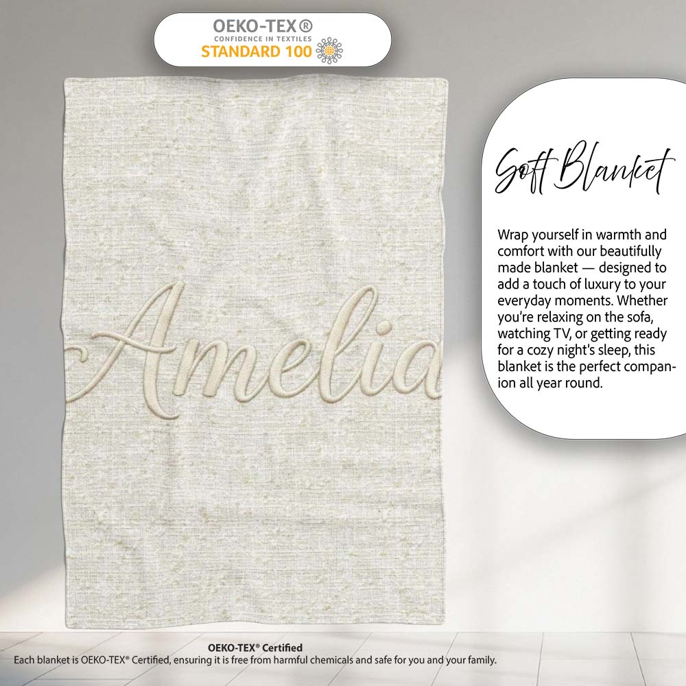 Neutral Linen Texture Subtle Effect Seamless Pattern Lovely Personalised Custom Name Super Soft Fleece Blanket Bed Sofa Throw