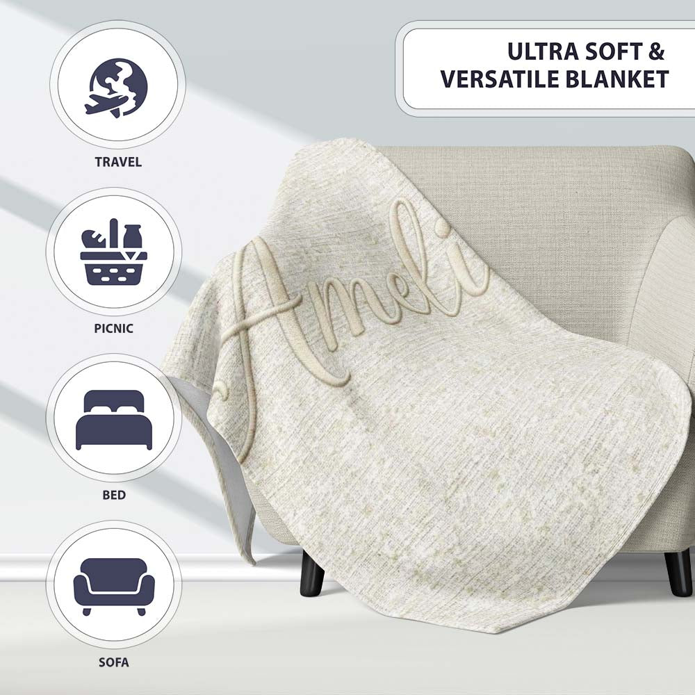 Neutral Linen Texture Subtle Effect Seamless Pattern Lovely Personalised Custom Name Super Soft Fleece Blanket Bed Sofa Throw