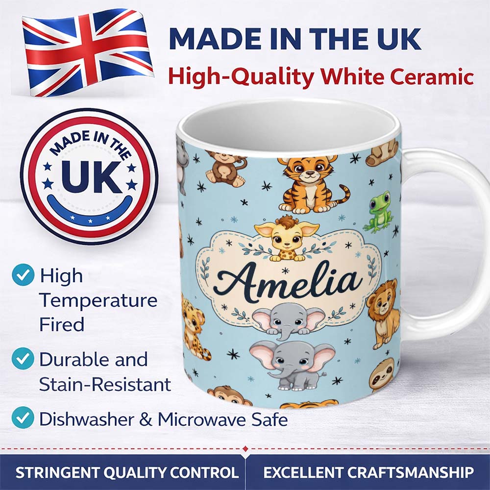 Personalized Custom Name Cute Cartoon Safari Animals with Stars on Soft Blue Background 11oz Ceramic Coffee Tea Mug White Large Handle