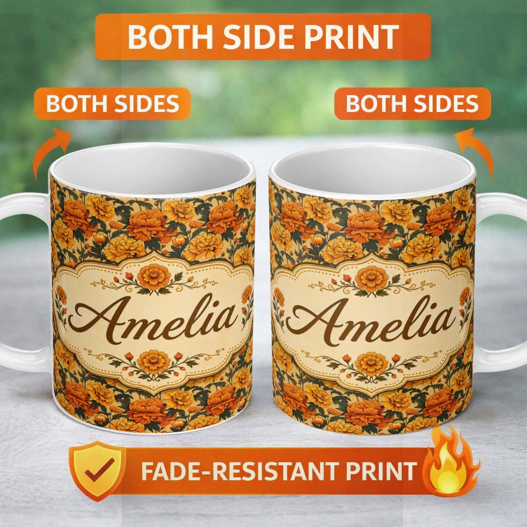 Personalized Custom Name Layered Autumn Chrysanthemum Floral Pattern with Mixed Orange and 11oz Ceramic Coffee Tea Mug White Large Handle