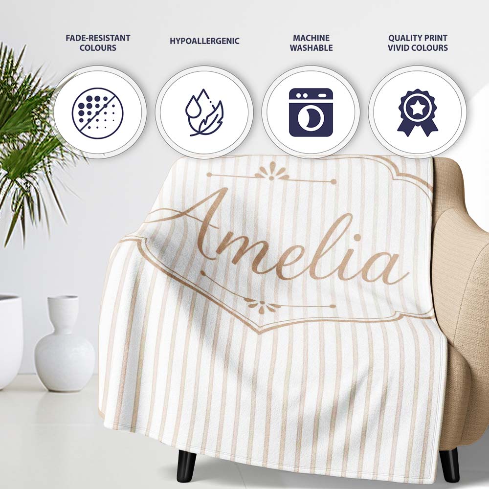 Minimal Beige Vertical Pinstripe Elegant Seamless Pattern Lovely Personalised Custom Name Super Soft Fleece Blanket Bed Sofa Throw