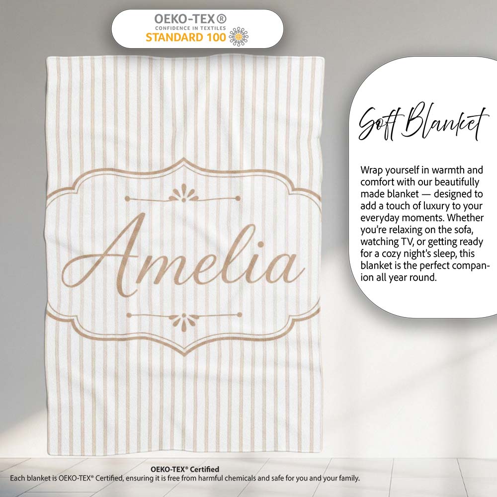 Minimal Beige Vertical Pinstripe Elegant Seamless Pattern Lovely Personalised Custom Name Super Soft Fleece Blanket Bed Sofa Throw