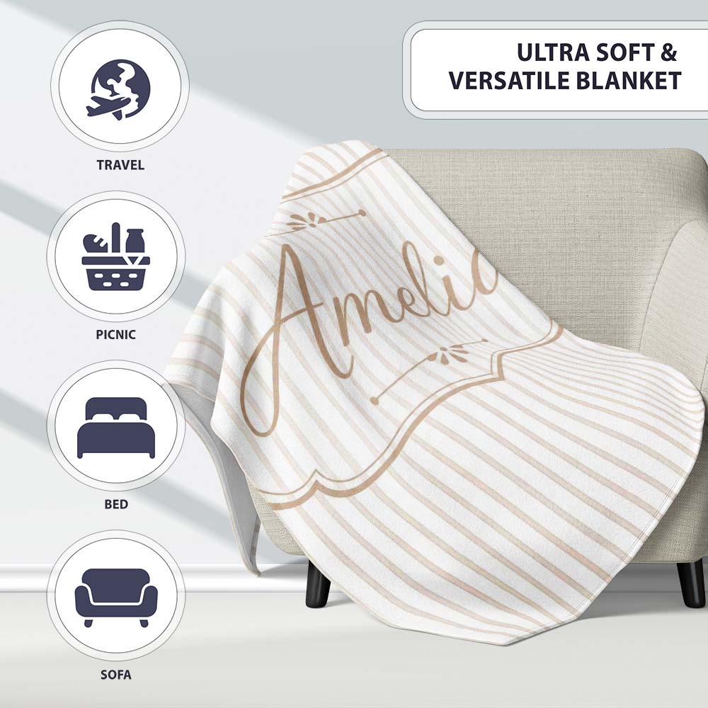 Minimal Beige Vertical Pinstripe Elegant Seamless Pattern Lovely Personalised Custom Name Super Soft Fleece Blanket Bed Sofa Throw
