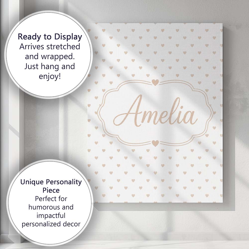 Personalised Name Tiny Beige Heart Polka Custom Unique Gift Idea Elegant Feature Canvas Wall Art Print Decor Picture Ready to Hang